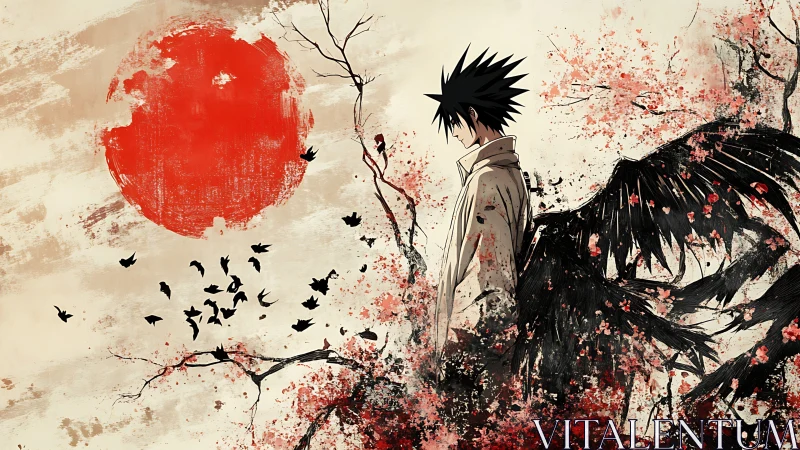 Dark-winged anime figure broods beneath a blood-red sun