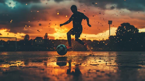 Silhouette soccer player dribbling on wet pitch at sunset