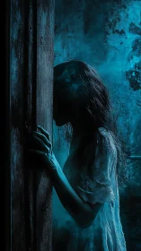 Backlit spectral figure presses against decayed wooden doorway