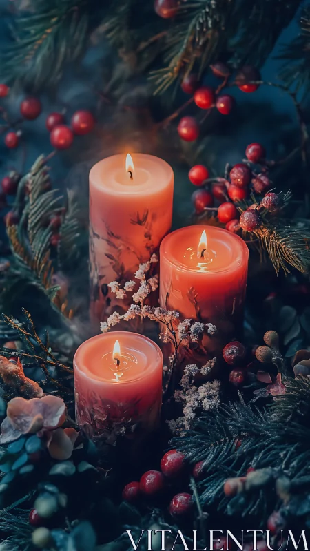 Christmas pillar candles glow through frosted evergreen wreath