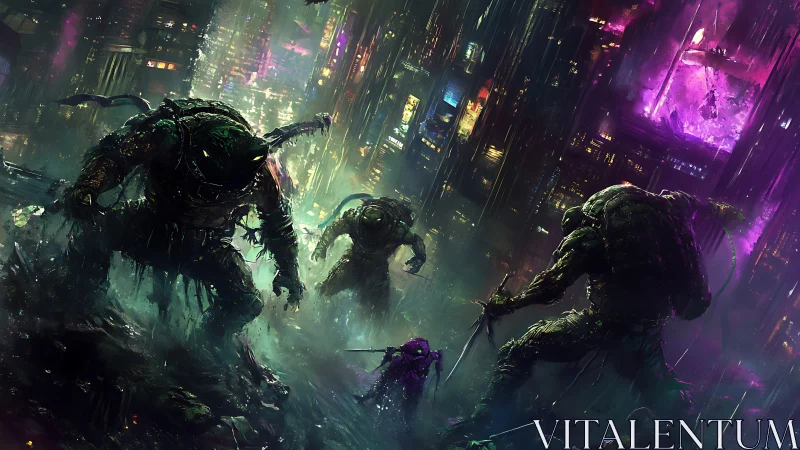 Cyberpunk rooftop assault with neon-soaked mutant warriors.