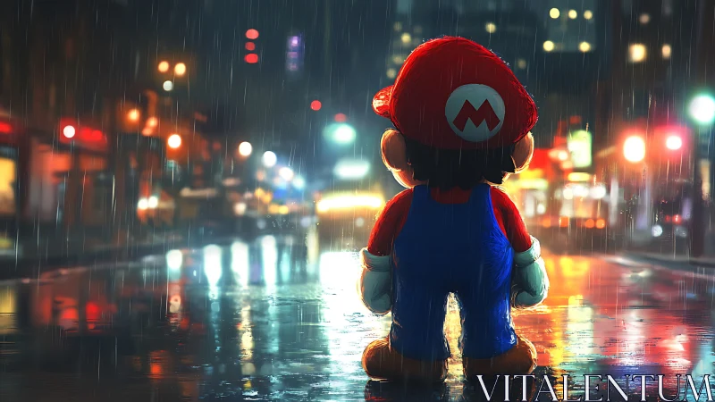 Mario character stands in rainy neon lit city street at night.