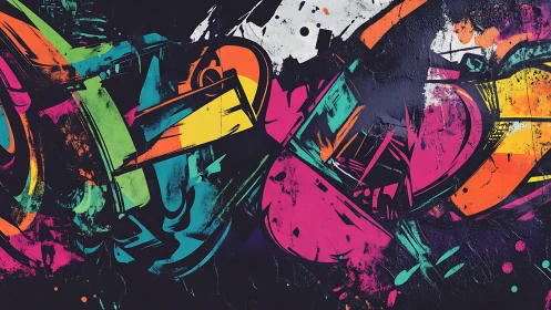 Neon graffiti strokes slice across a dark urban concrete wall