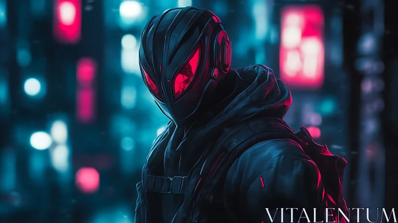 Cybernetic vigilante stalks neon city in red-blue glow.