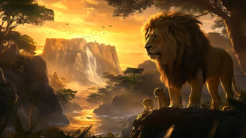 Lion pride surveys golden savanna at sunrise waterfall