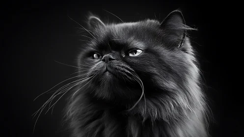 Black Cat Portrait Against Dark Background. Studio Lighting Study.
