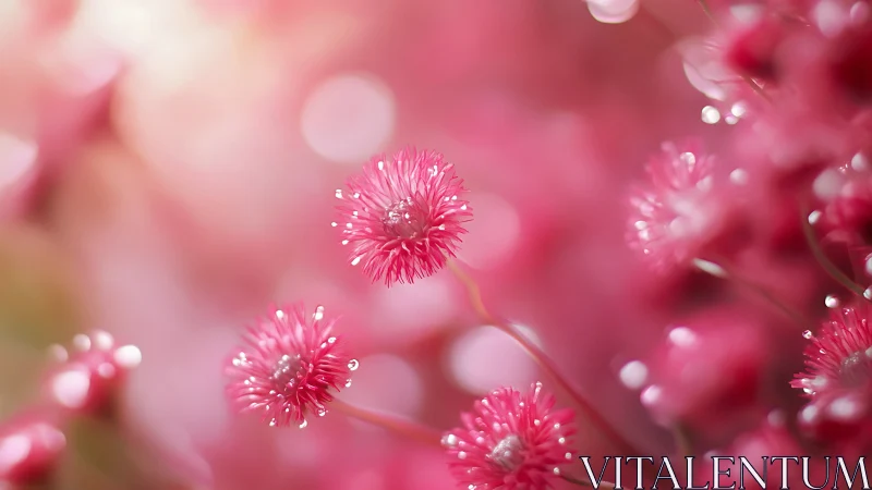 Dewlit pink pompom blossoms in dreamy bokeh haze.
