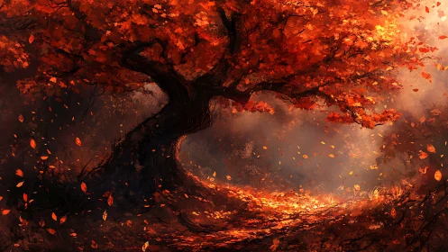 Infernal Canopy: Autumn's Fiery Requiem Blazes Through Mist.