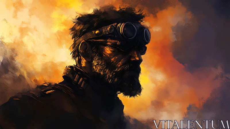 Goggles of embers: lone wasteland wanderer in burning dusk.