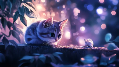 Blue tabby cat watches tiny mouse on wooden perch in glowing bokeh.