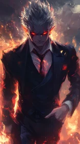 Flame-surrounded suited figure with glowing red eyes.