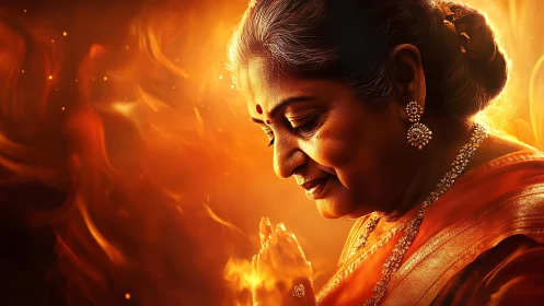 Elderly woman in profile with warm orange glowing backdrop.