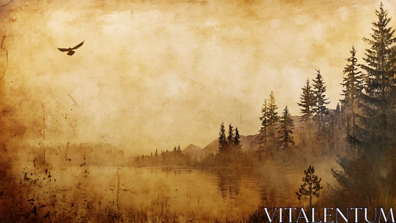 Misty evergreen forest and soaring bird in sepia haze.