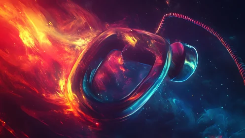 Neon glassy ring shape floats amid swirling fire and nebula