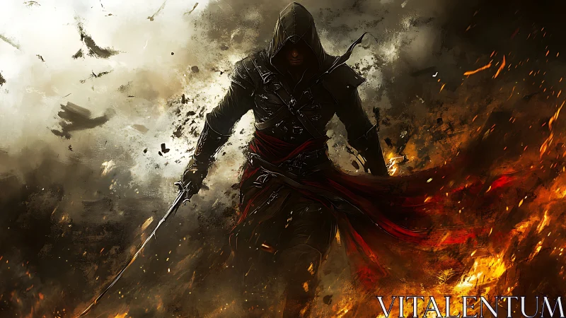 Hooded sword warrior strides through swirling battlefield fire.