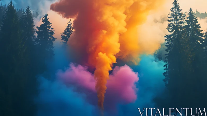 Dense multicolor smoke cloud rising through dark forest