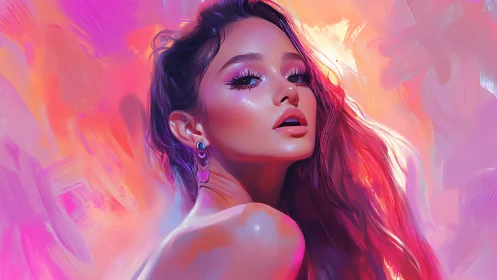 Iridescent digital portrait with neon magenta lighting glow.