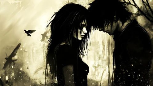 Two Figures in Silhouette Against Golden Light.