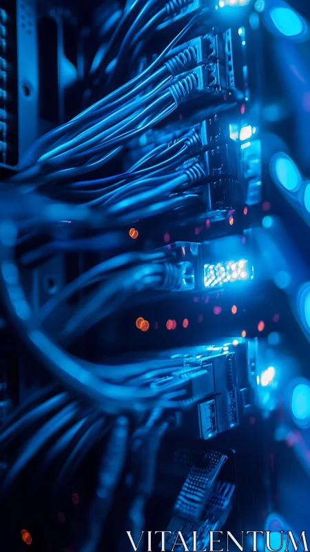 Data center Ethernet cabling under cool blue LED illumination.