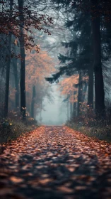 Misty Forest Path with Autumn Leaves.