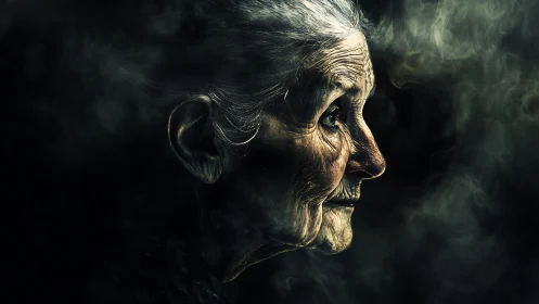 Moody profile portrait of elderly woman in chiaroscuro light.