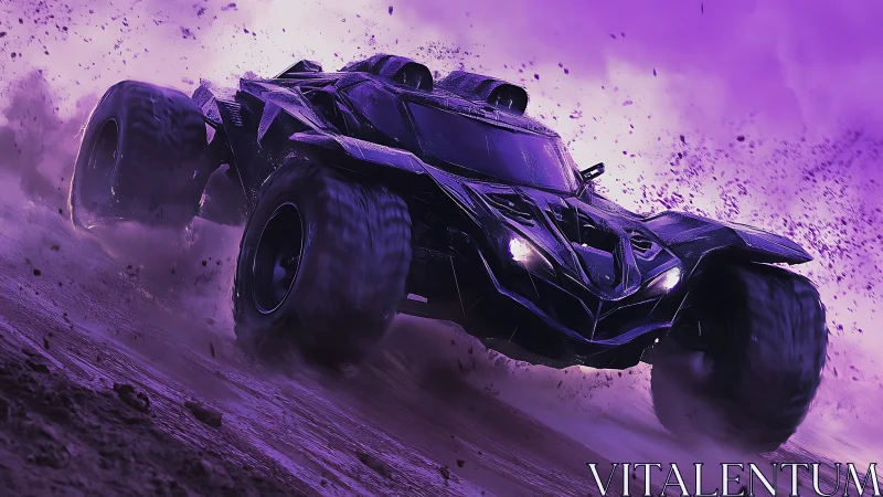 Armored off-road combat vehicle drifts through neon dust