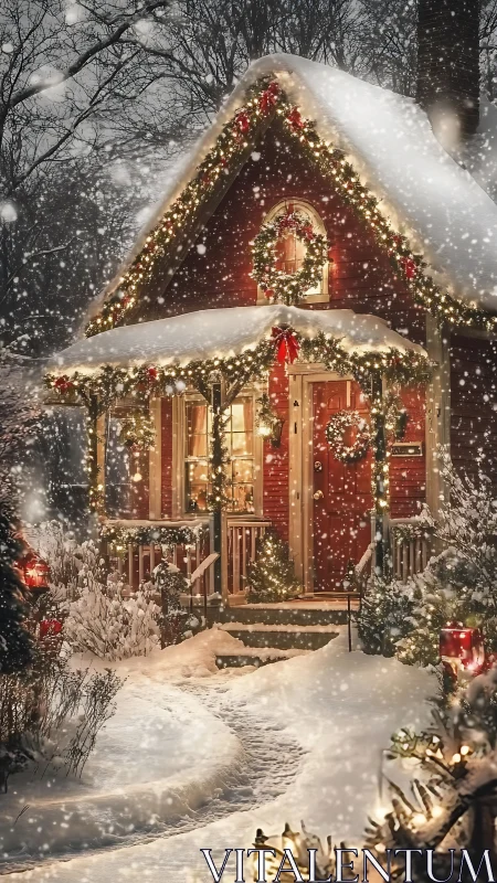 Illuminated red cottage in dense snowfall with festive garlands.