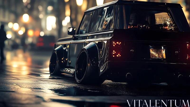 Low black custom SUV parked on wet city street at night.