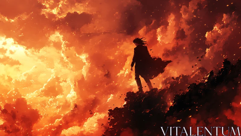 Solitary Wanderer Stands Amid Inferno's Blazing Majesty.