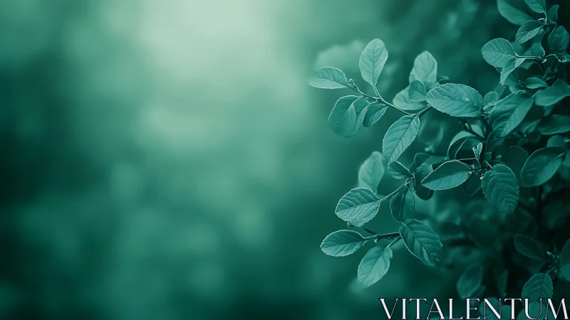 Green leafy branch with soft bokeh background in tranquil style.