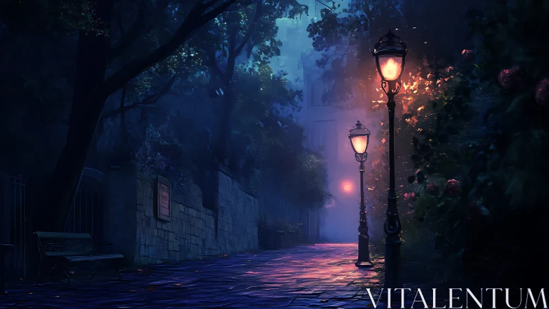 Moonlit garden path glowing with soft, dreamy lamplight.
