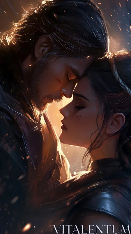 Luminous Profile: Two Figures Embraced in Golden Particle Atmosphere