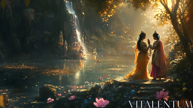 Two robed figures stand by a glowing river in a forest