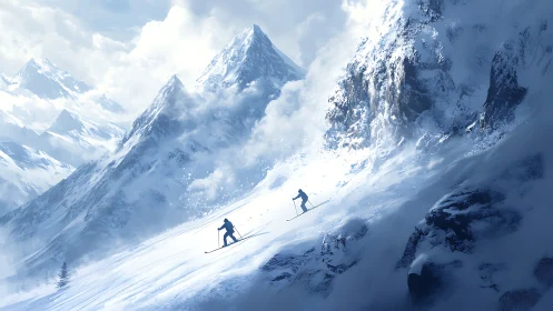 Alpine Skiers Descend Snow-Covered Mountain Peaks in Winter