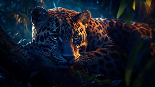 Jaguar Portrait in Twilight Forest with Golden Eyes.