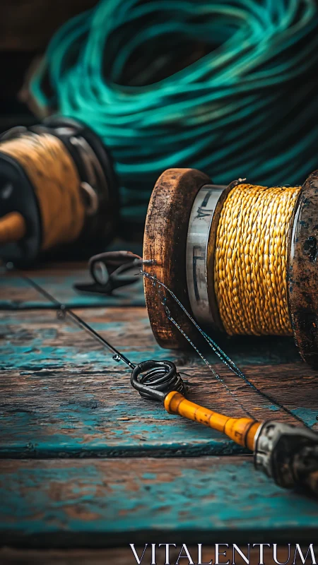 Coiled fishing lines quietly script tides on worn boards