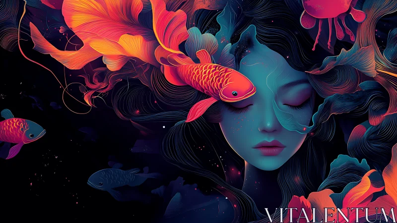 Surreal blue portrait with neon fish and flowing hair.