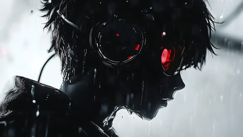 Solitary cyberpunk figure walks through cold neon rain