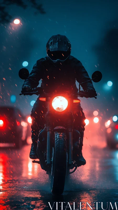 Motorcyclist in neon rain with frontal headlight glare at night