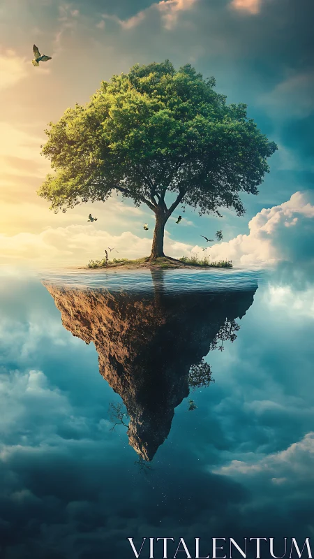 Floating tree island mirrored over atmospheric cloudscape