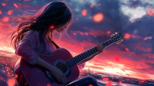 Sunset-side acoustic guitarist in high-saturation anime render.