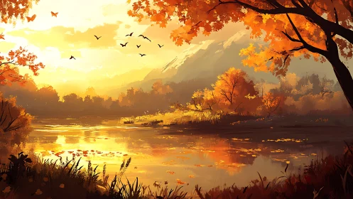 Golden autumn lake landscape with distant mountain view.