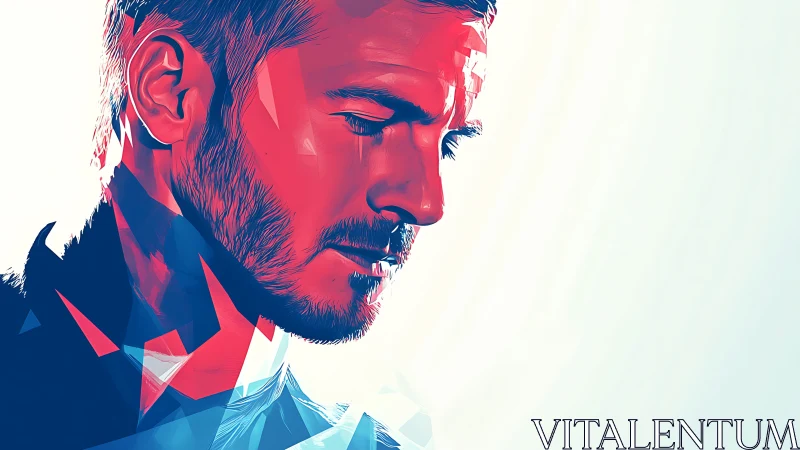 Male portrait rendered in angular red and blue digital style