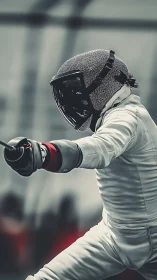 High-speed épée lunge with modern composite fencing mask