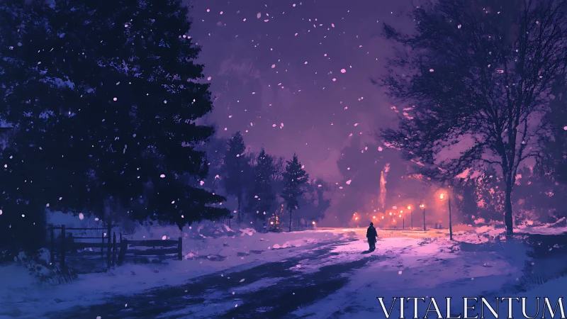 Nocturnal snowfall corridor with solitary pedestrian silhouette.