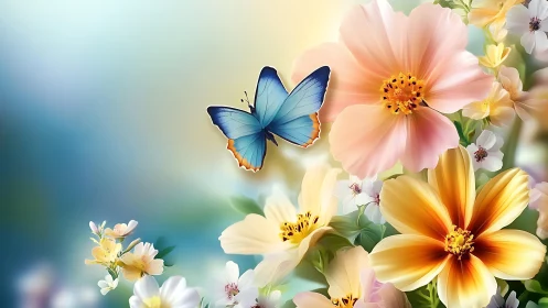Blue butterfly on multicolored cosmos flowers with gradient background.