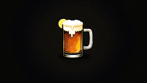 Beer Mug with Overflowing Head and Lemon Slice.