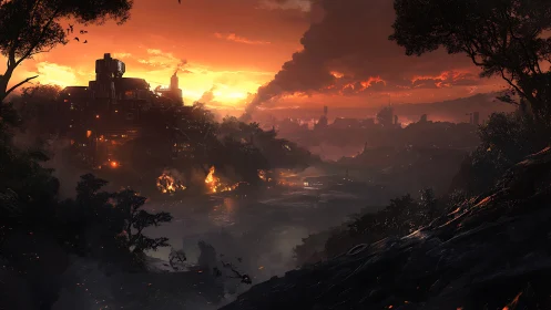 Post-Industrial Dystopian Metropolis: Sunset Inferno Over Ravaged Cityscape.