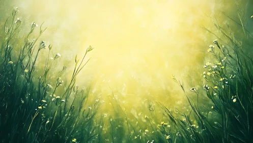 Backlit wildflower meadow with diffuse golden atmospheric glow