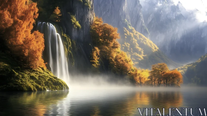 Sunlit autumn waterfall descends into misty mountain lake